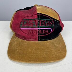 Vintage Las Vegas Nevada Snapback Hat Colorblock Rayon Suede Feel Tan Burgundy